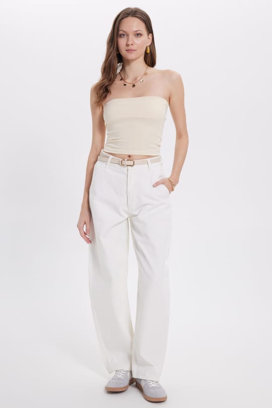Kadın Slim Fit Dar Kesim Pamuklu Straplez Bej Bluz