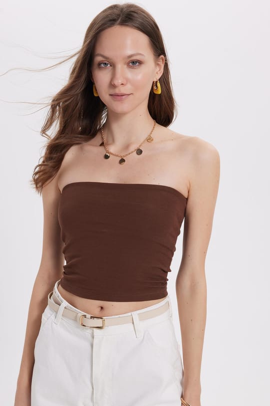 Kadın Slim Fit Dar Kesim Pamuklu Straplez Koyu Kahve Bluz