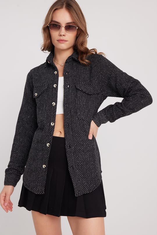 Kadın Slim Fit Dar Kesim Uzun Kollu Çizgili Çift Cepli Kışlık Oduncu Gömlek