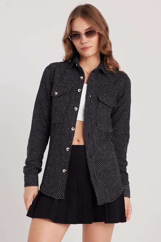 Kadın Slim Fit Dar Kesim Uzun Kollu Çizgili Çift Cepli Kışlık Oduncu Gömlek