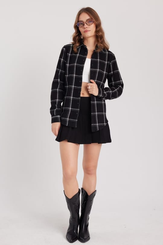 Kadın Slim Fit Dar Kesim Uzun Kollu Kareli Kışlık Oduncu Gömlek