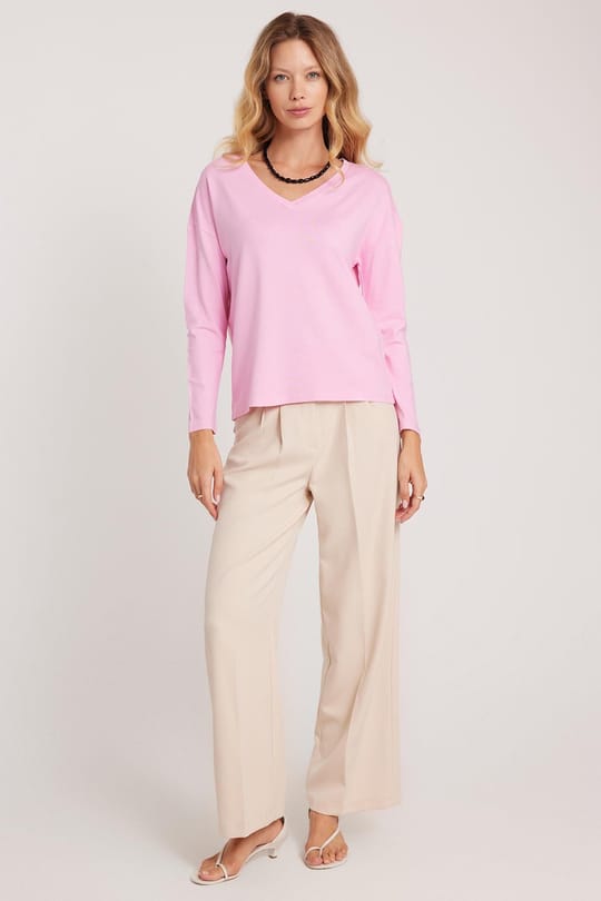 Kadın Slim Fit Dar Kesim Viskonlu Kumaş V Yaka Pembe Bluz