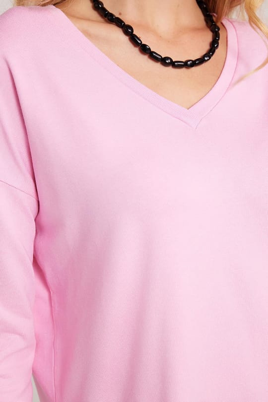 Kadın Slim Fit Dar Kesim Viskonlu Kumaş V Yaka Pembe Bluz