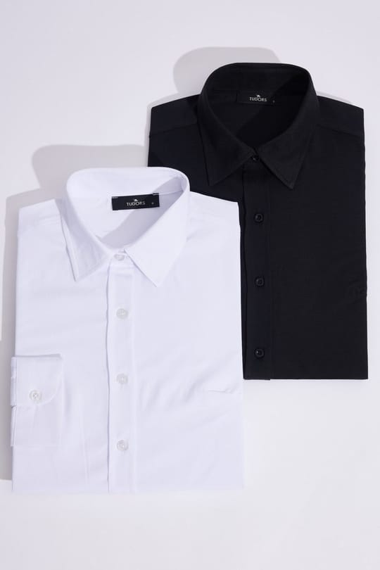 Kadın 2'li Paket Siyah-Beyaz Slim Fit Dar Kesim Uzun Kollu Pamuklu Vücuda Oturan Dokulu Basic Gömlek