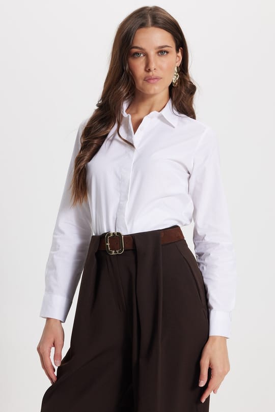 Kadın Slim Fit Dar Kesim %100 Pamuk Spor Yaka Gizli Pat Uzun Kollu Düz Oxford Leke Tutmaz Beyaz Gömlek
