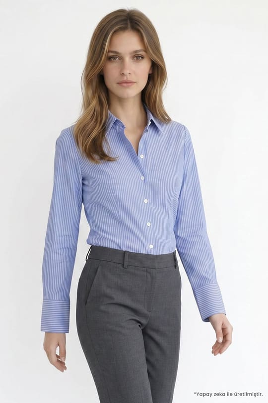 Kadın Slim Fit Dar Kesim Pamuklu Uzun Kollu Çizgili Mavi Kadın Gömlek