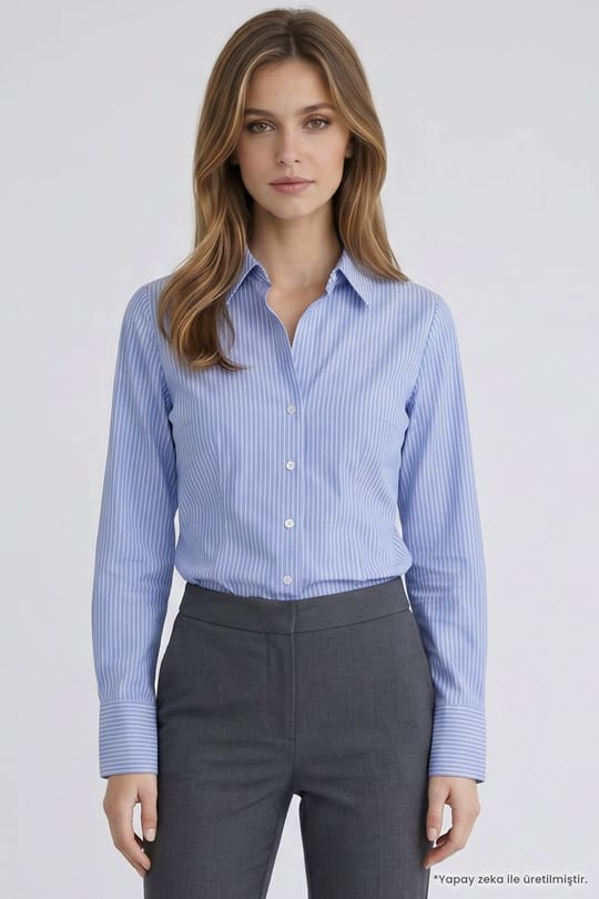 Kadın Slim Fit Dar Kesim Pamuklu Uzun Kollu Çizgili Mavi Kadın Gömlek