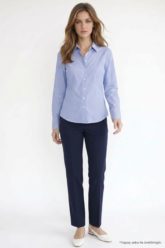 Kadın Slim Fit Dar Kesim Pamuklu Uzun Kollu Çizgili Mavi Kadın Gömlek