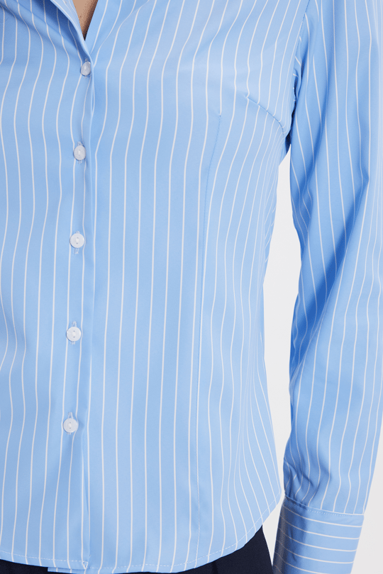 Kadın Slim Fit Dar Kesim Uzun Kollu Çizgili Mavi Gömlek