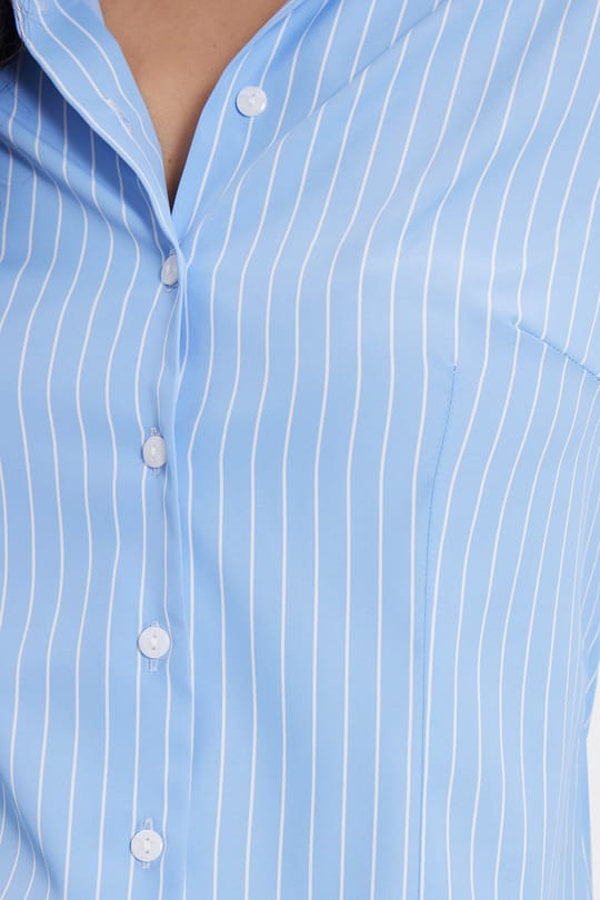 Kadın Slim Fit Dar Kesim Uzun Kollu Çizgili Mavi Gömlek
