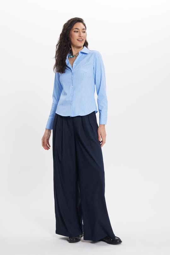 Kadın Slim Fit Dar Kesim Uzun Kollu Çizgili Mavi Gömlek