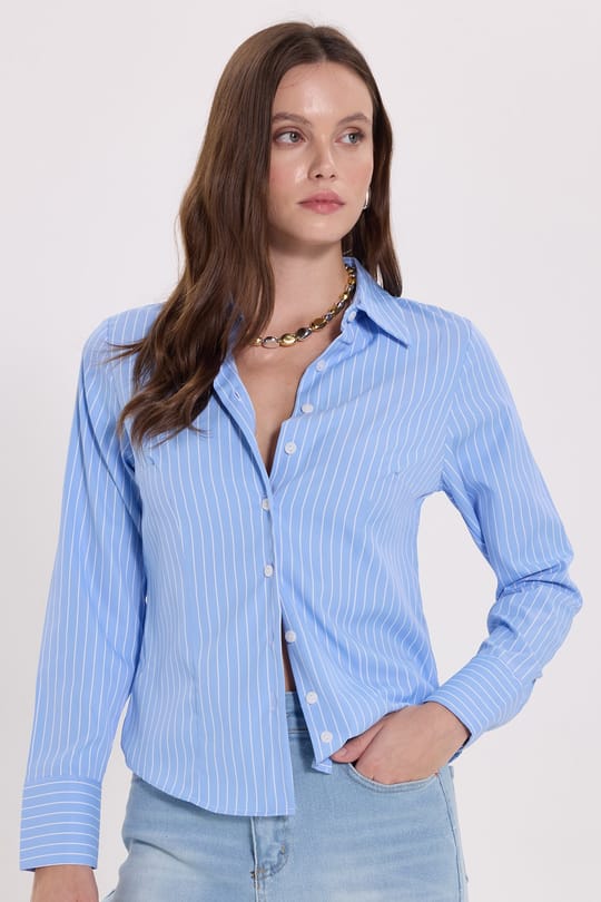 Kadın Slim Fit Dar Kesim Uzun Kollu Çizgili Mavi Gömlek