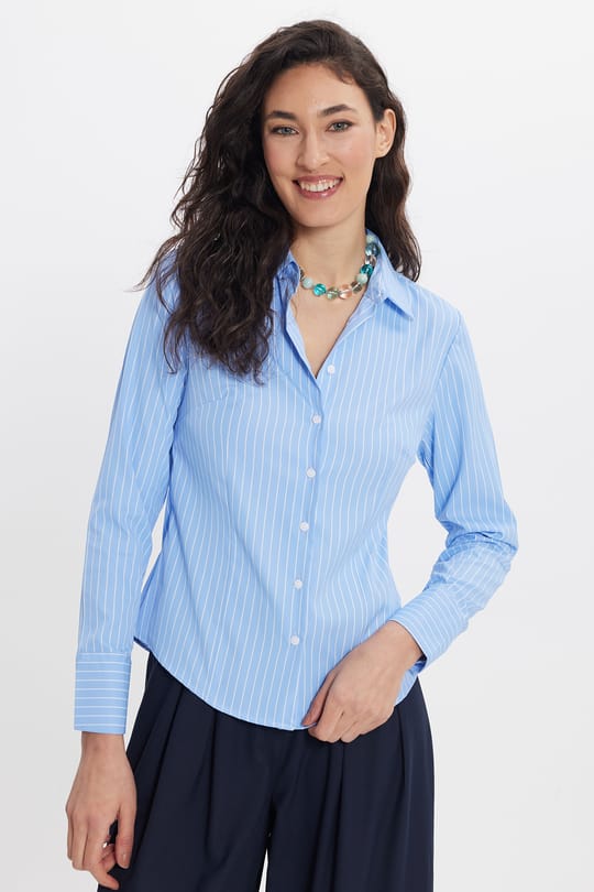 Kadın Slim Fit Dar Kesim Uzun Kollu Çizgili Mavi Gömlek