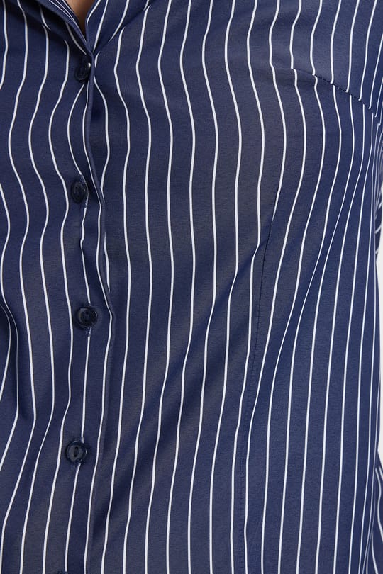 Kadın Slim Fit Dar Kesim Uzun Kollu Çizgili Lacivert Gömlek
