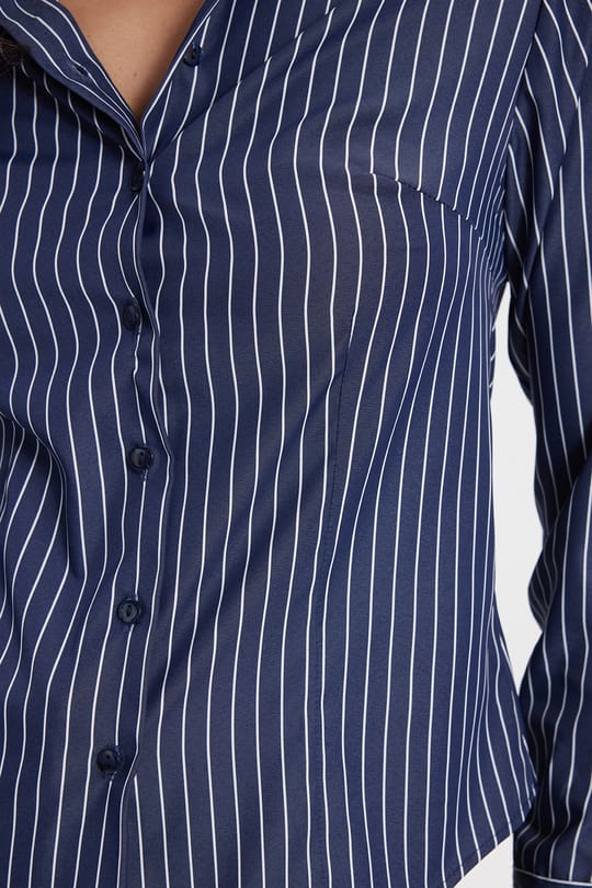 Kadın Slim Fit Dar Kesim Uzun Kollu Çizgili Lacivert Gömlek