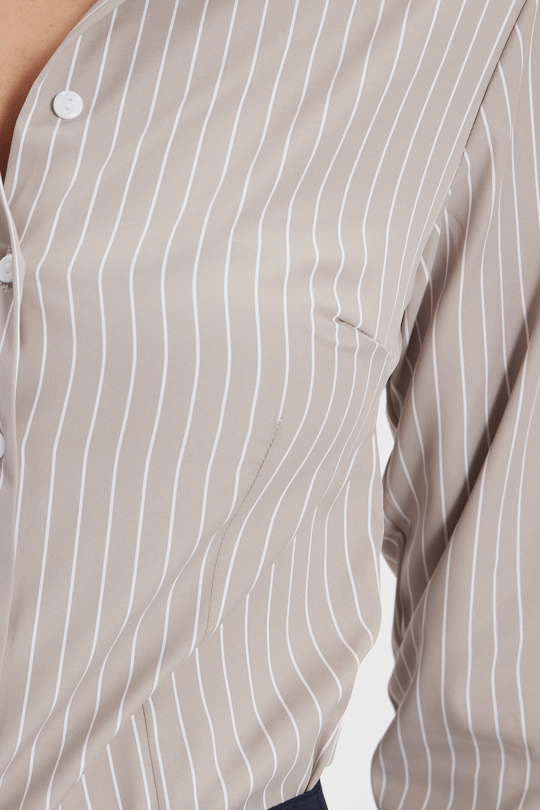 Kadın Slim Fit Dar Kesim Uzun Kollu Çizgili Bej Gömlek