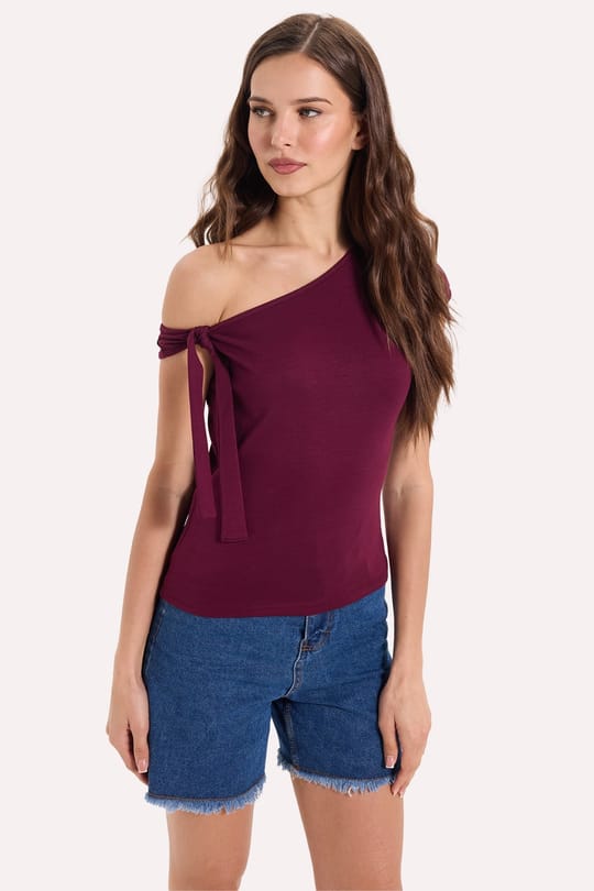 Kadın Slim Fit Dar Kesim Kısa Kollu Kayık Yaka Bordo Bluz