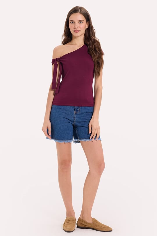Kadın Slim Fit Dar Kesim Kısa Kollu Kayık Yaka Bordo Bluz