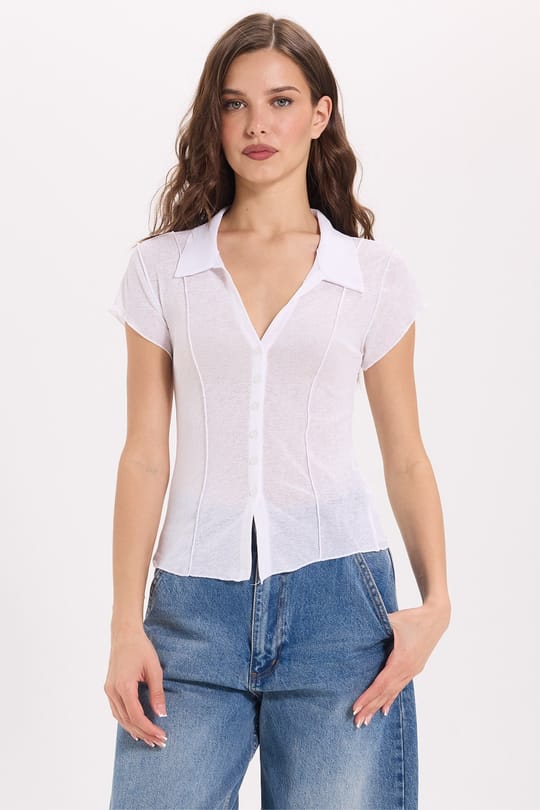 Kadın Slim Fit Dar Kesim Kısa Kollu Gömlek Yaka Beyaz Gömlek