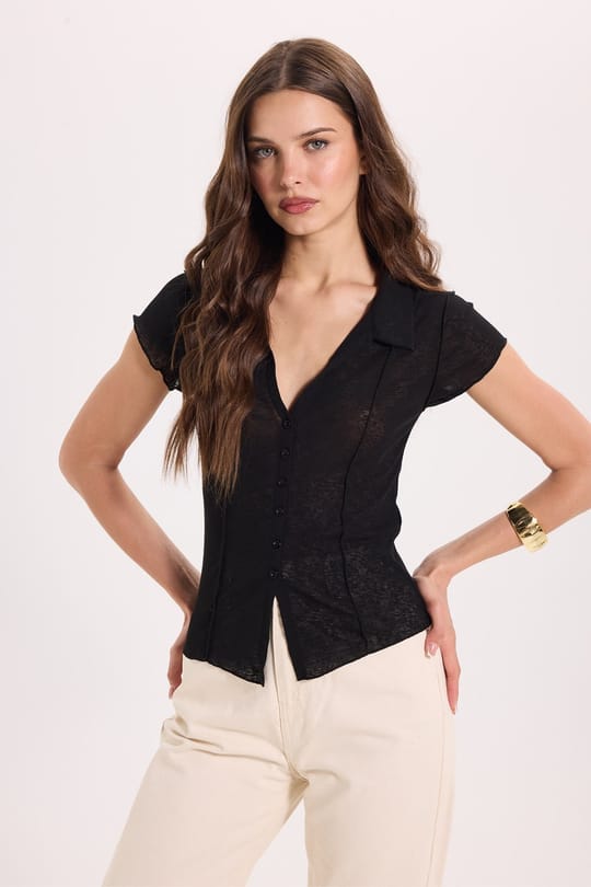 Kadın Slim Fit Dar Kesim Kısa Kollu Gömlek Yaka Siyah Gömlek