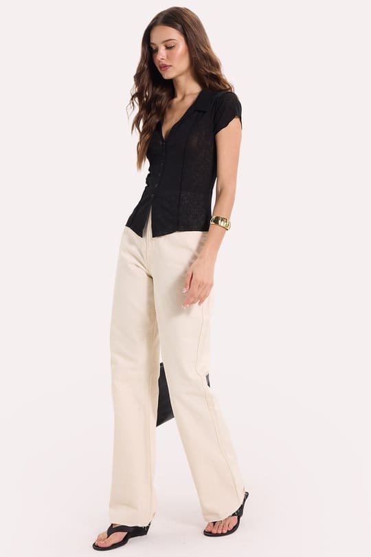 Kadın Slim Fit Dar Kesim Kısa Kollu Gömlek Yaka Siyah Gömlek