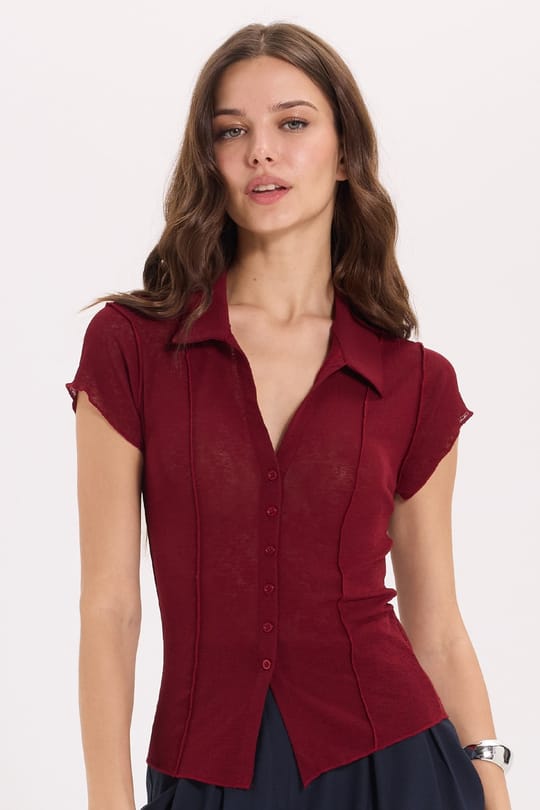 Kadın Slim Fit Dar Kesim Kısa Kollu Gömlek Yaka Bordo Gömlek