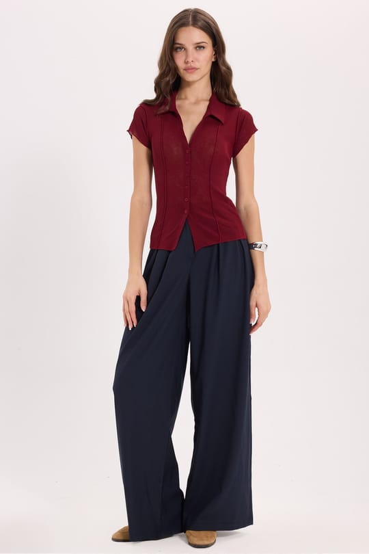Kadın Slim Fit Dar Kesim Kısa Kollu Gömlek Yaka Bordo Gömlek