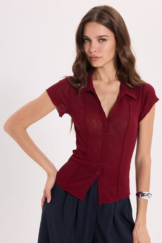 Kadın Slim Fit Dar Kesim Kısa Kollu Gömlek Yaka Bordo Gömlek