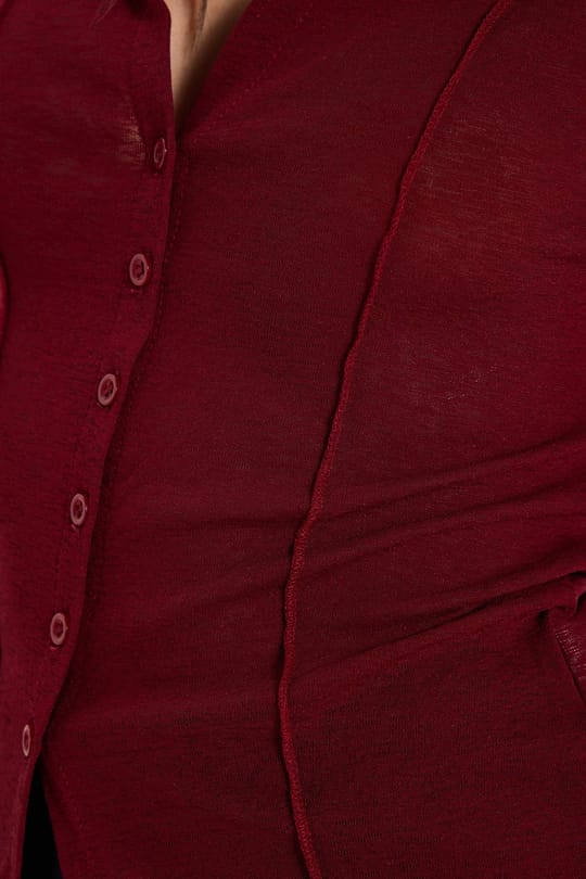 Kadın Slim Fit Dar Kesim Kısa Kollu Gömlek Yaka Bordo Gömlek