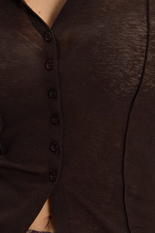 Kadın Slim Fit Dar Kesim Kısa Kollu Gömlek Yaka Koyu Kahve Gömlek