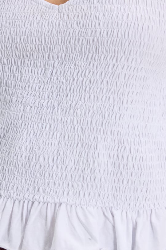 Kadın Slim Fit Dar Kesim %100 Pamuk Askılı  Büzgülü V Yaka Beyaz Bluz