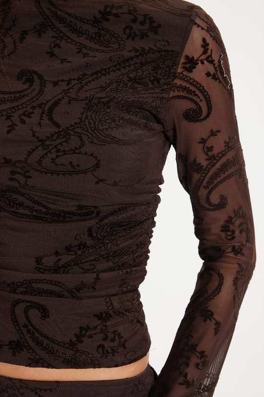 Kadın Slim Fit Dar Kesim Bisiklet Yaka Uzun Kollu Kahverengi Bluz