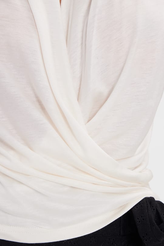 Kadın Slim Fit Dar Kesim %100 Pamuk Degaje Yaka Kısa Kollu Ekru Bluz