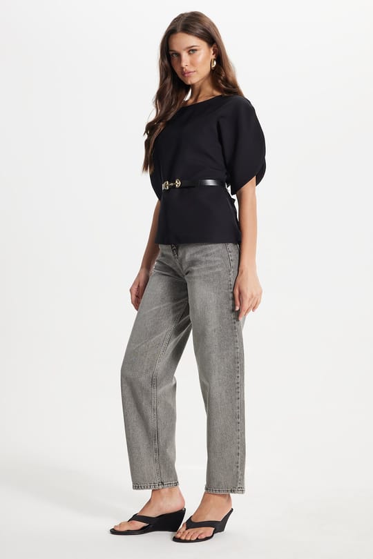 Kadın Slim Fit Dar Kesim Yarasa Kol İnce Kemerli Fermuarlı Siyah Bluz Gömlek