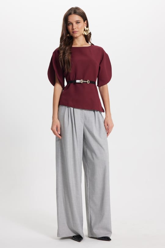Kadın Slim Fit Dar Kesim Kol Detaylı İnce Kemerli Fermuarlı Bordo Bluz Gömlek