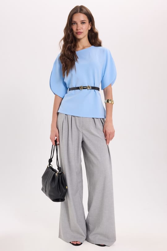 Kadın Slim Fit Dar Kesim Kol Detaylı İnce Kemerli Fermuarlı Mavi Bluz