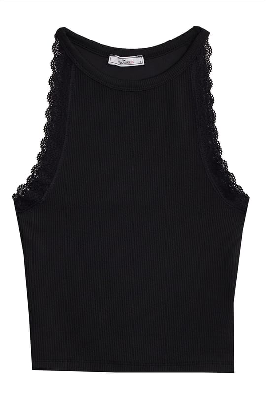 Kadın Slim Fit Dar Kesim Halter Yaka Kolsuz Dantel Detaylı Siyah Atlet Bluz