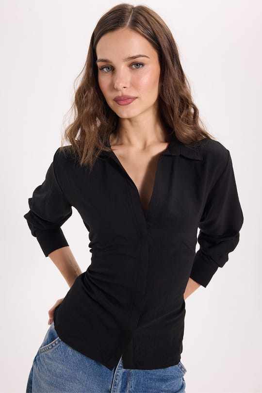 Kadın Slim Fit Dar Kesim Bel ve Sırt Bağlamalı Siyah Gömlek 