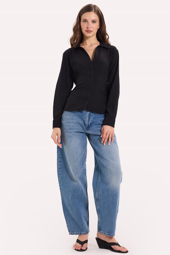 Kadın Slim Fit Dar Kesim Bel ve Sırt Bağlamalı Siyah Gömlek 