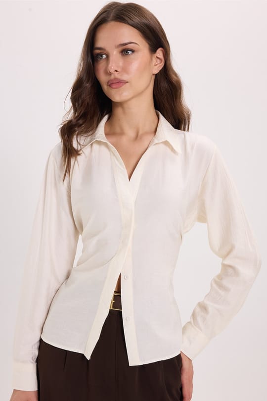 Kadın Slim Fit Dar Kesim Bel ve Sırt Bağlamalı Ekru Gömlek 