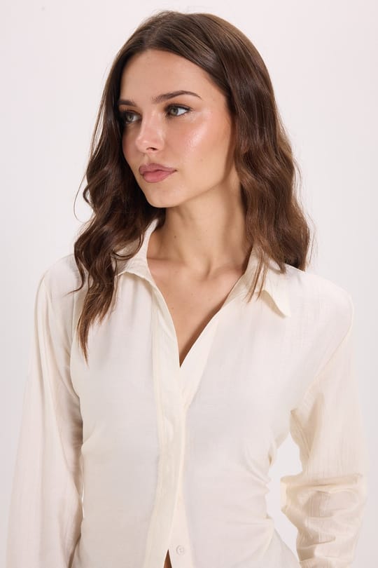 Kadın Slim Fit Dar Kesim Bel ve Sırt Bağlamalı Ekru Gömlek 