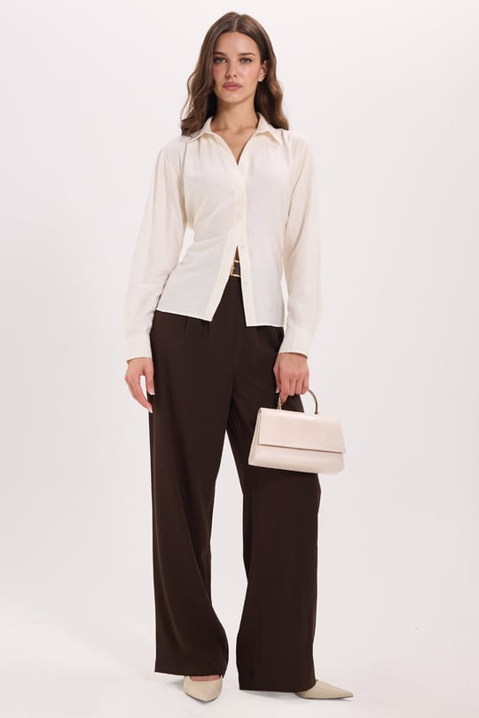Kadın Slim Fit Dar Kesim Bel ve Sırt Bağlamalı Ekru Gömlek 