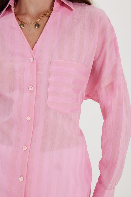 Kadın Oversize Geniş Kesim Uzun Kollu Pamuklu Beli Kuşaklı Çizgili Cepli Pembe Gömlek 