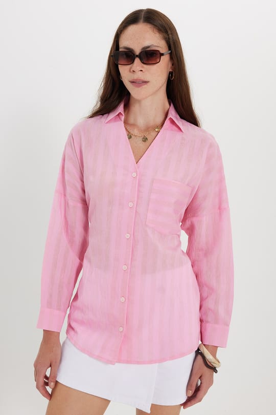 Kadın Oversize Geniş Kesim Uzun Kollu Pamuklu Beli Kuşaklı Çizgili Cepli Pembe Gömlek 
