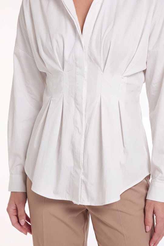 Kadın Regular Fit Klasik Kesim Uzun Kollu Terycotton Kumaş Pileli Beyaz Gömlek