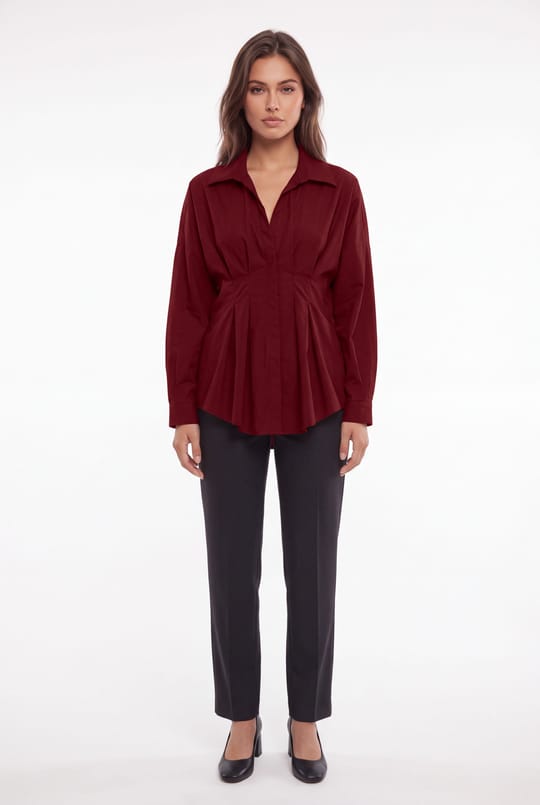 Kadın Regular Fit Klasik Kesim Uzun Kollu Terycotton Kumaş Pileli Bordo Gömlek