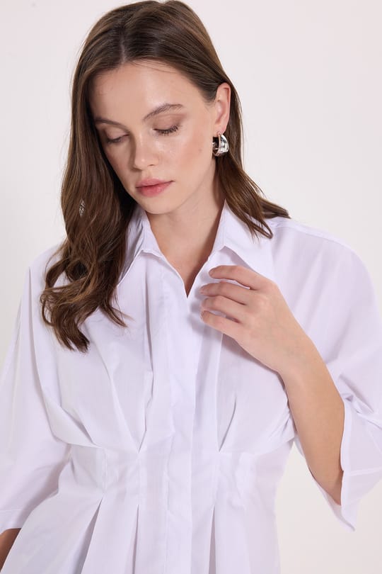 Kadın Regular Fit Klasik Kesim Kısa Kollu Terycotton Kumaş Pileli Beyaz Gömlek