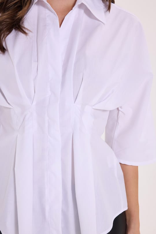 Kadın Regular Fit Klasik Kesim Kısa Kollu Terycotton Kumaş Pileli Beyaz Gömlek