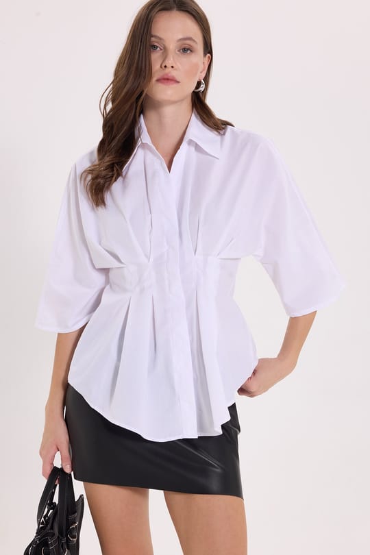Kadın Regular Fit Klasik Kesim Kısa Kollu Terycotton Kumaş Pileli Beyaz Gömlek