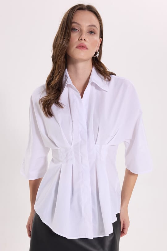 Kadın Regular Fit Klasik Kesim Kısa Kollu Terycotton Kumaş Pileli Beyaz Gömlek